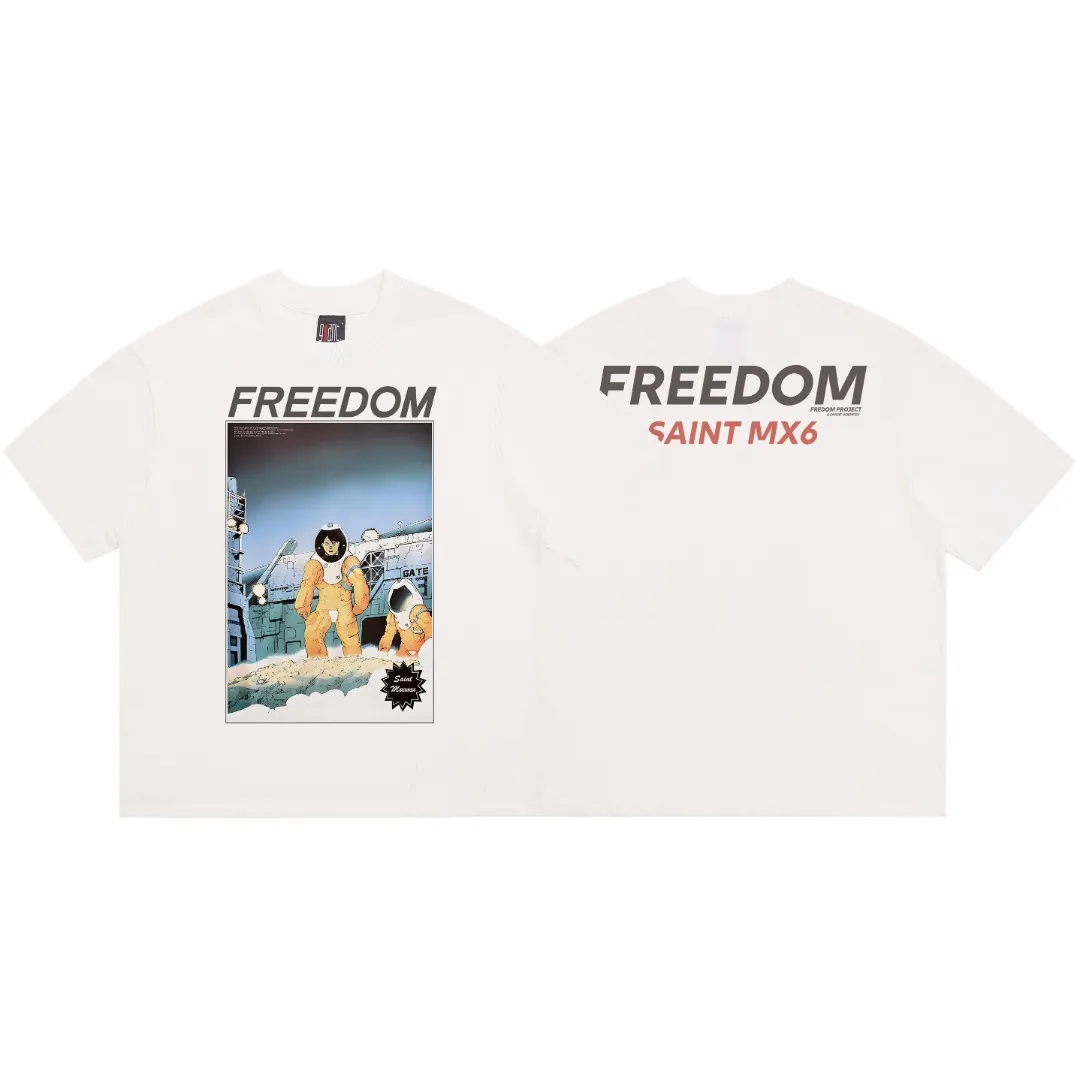 Saint Michael x FREEDOM tee space comic print distressed retro Vintage loose short-sleeved T-shirt with digital white ink direct injection, the fabric is breathable and the pattern is three-dimensional and clear. Fabric: Double yarn 240g Style number: S912 Size: S-M-L-XL Color: White Price: P110